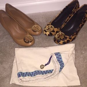 Size 7.5 Tory Burch wedges, black and cheetah